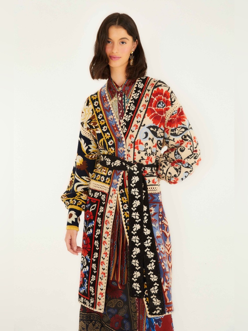 Farm Rio Mixed Flower Print Patchwork Knit Midi Cardigan XXS NWT